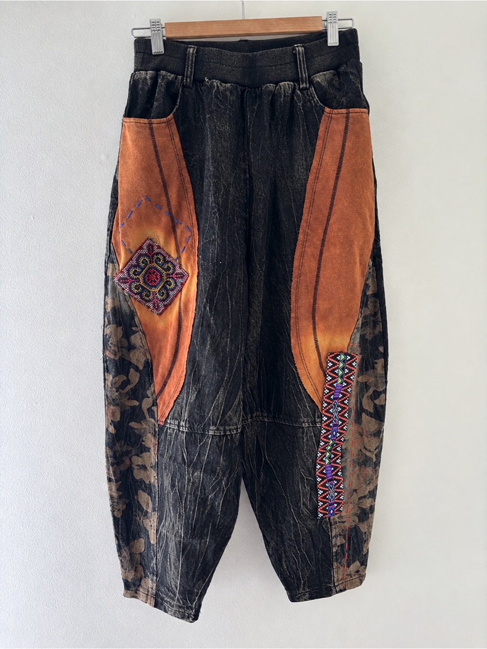 Boho Embroidered Patchwork Drop-Crotch High-Waisted Pants - Black & Rust
